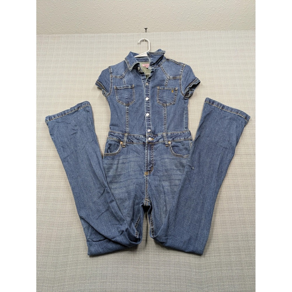 Juicy Couture Jumpsuit Womens Small Blue Denim Short Sleeve Button Front Stretch